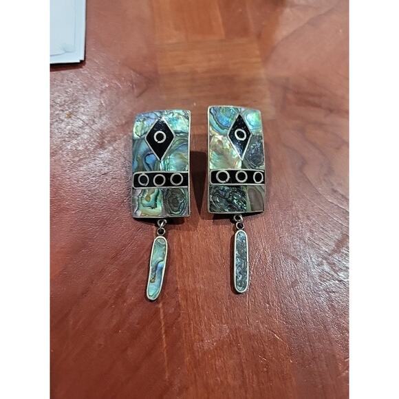 Vintage Silver Alpaca Mexico Dangle Earrings Abalone Inlay Rectangle - Picture 5 of 11